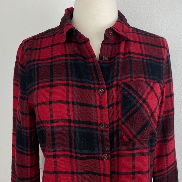 Pink Rose Red Flannel Plaid Shirt Boho Country Casual Long Sleeves Size Small - Picture 3 of 9